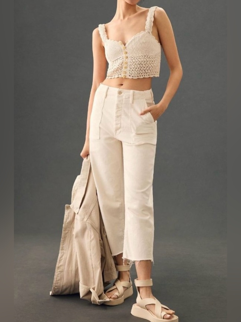 MOTHER Patch Pocket Private Ankle Fray Jeans Cream Puffs Ecru Straight crop 26